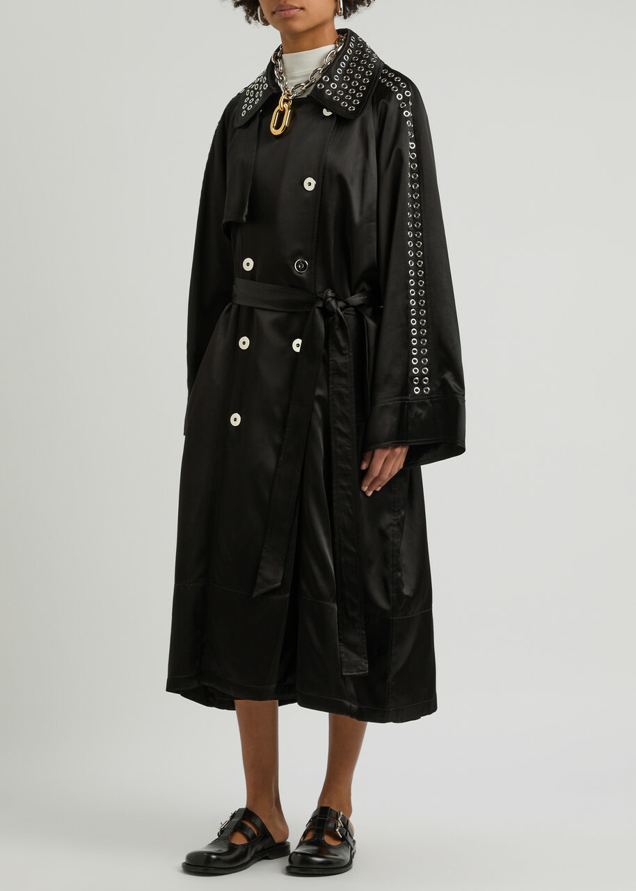 Rabanne Eyelet-embellished Satin Trench Coat Black