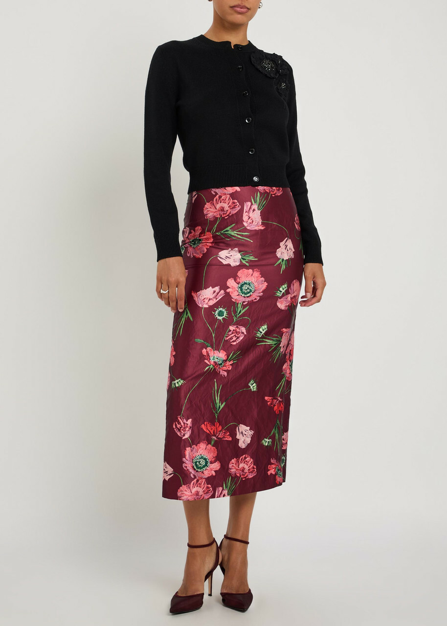 Erdem Floral-print Satin Midi Pencil Skirt Red