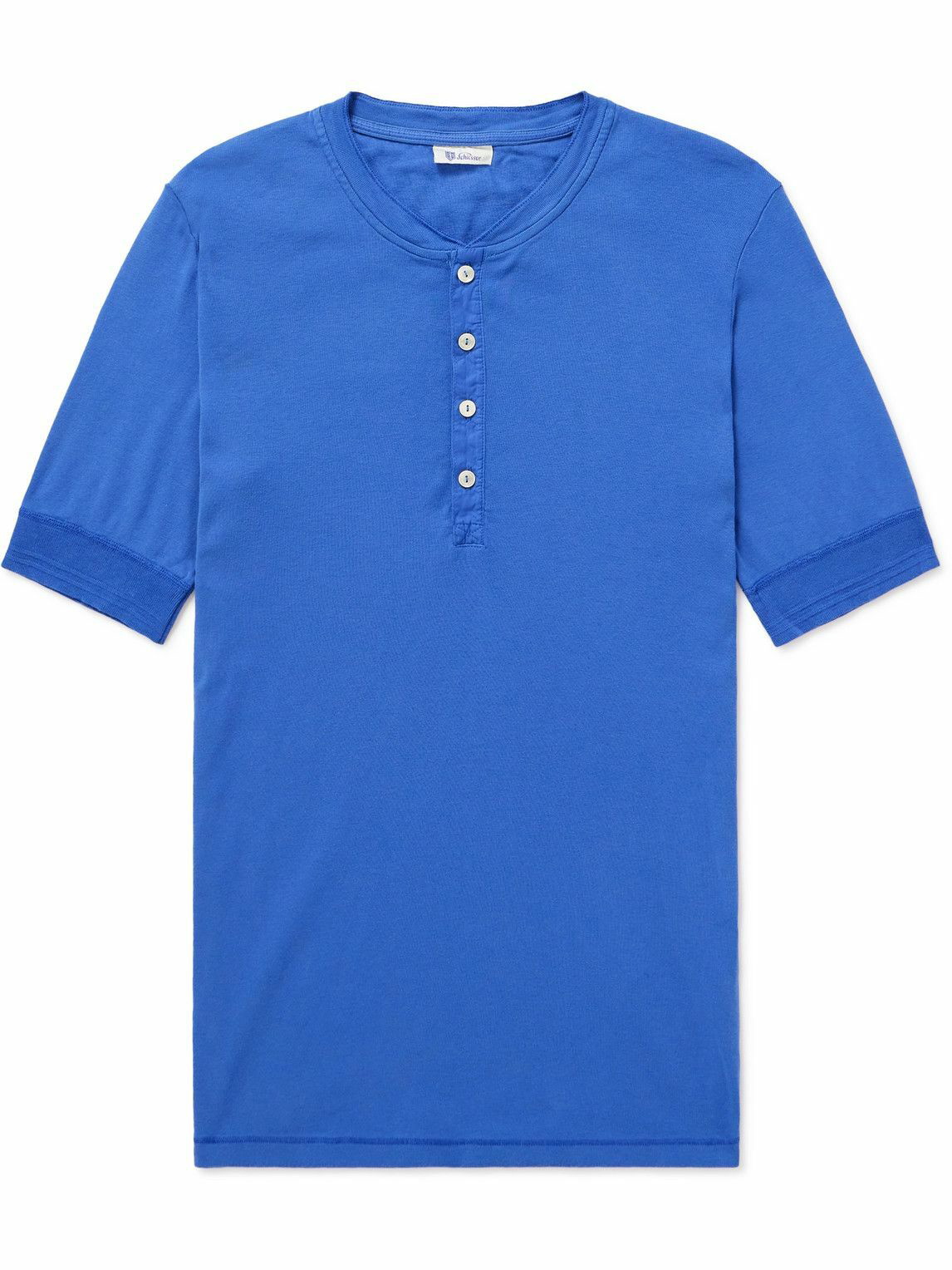Photo: Schiesser - Karl Heinz Organic Cotton-Jersey Henley T-Shirt - Blue