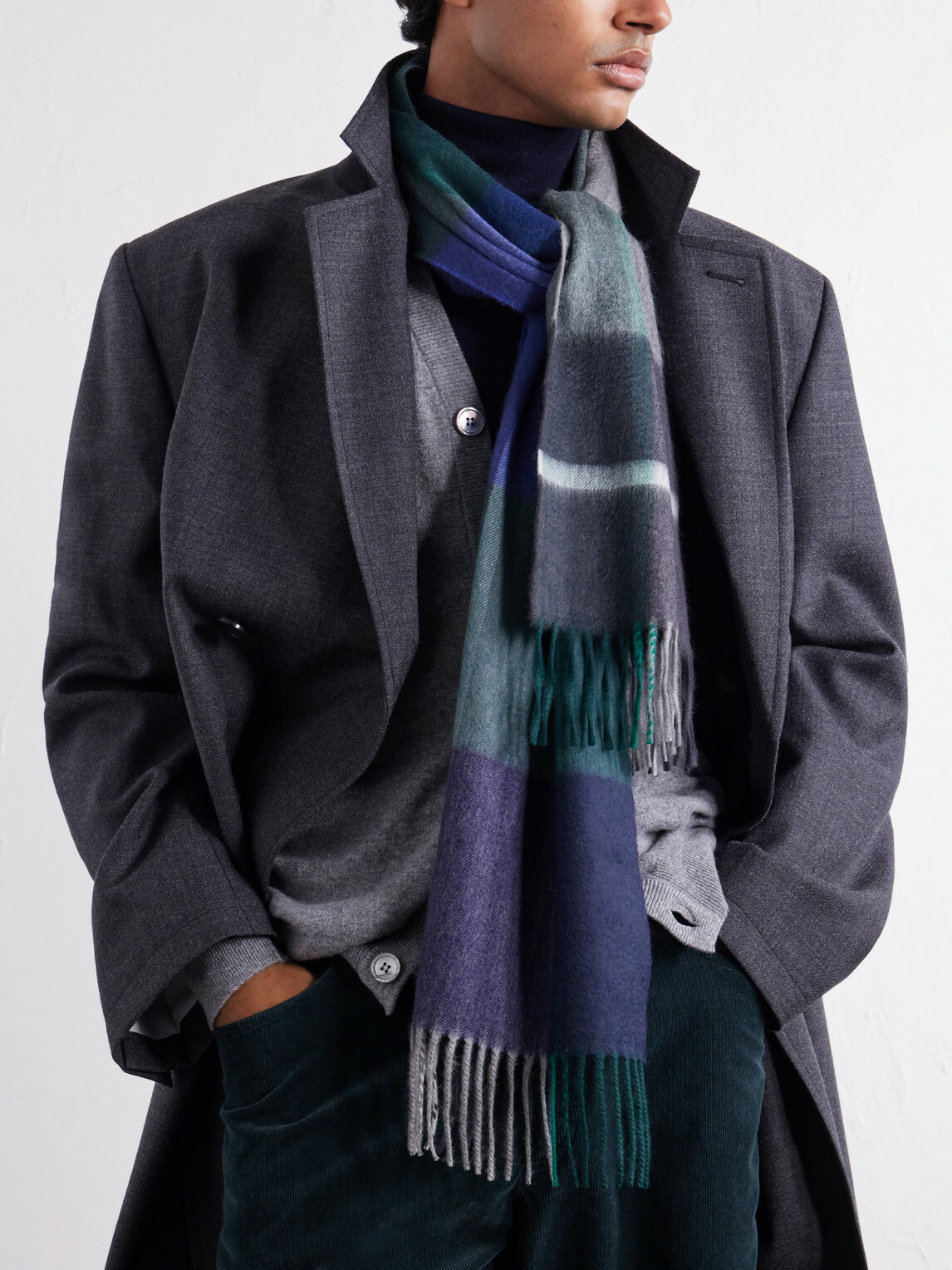 Begg & Co - Arran Edgar Fringed Checked Cashmere Scarf - Blue