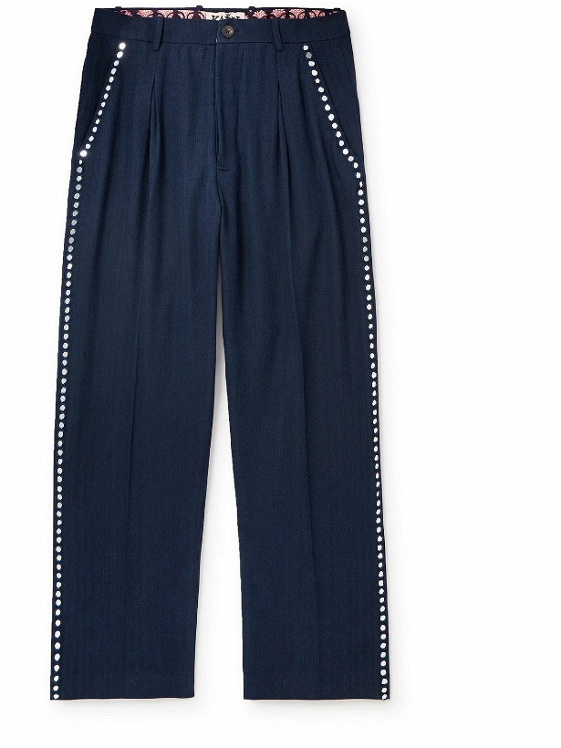 Photo: Karu Research - Embellished Pleated Straight-Leg Cotton-Twill Trousers - Blue