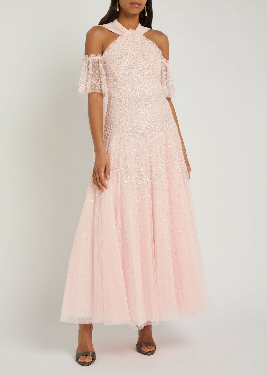Needle & Thread Sequin-embellished Halterneck Tulle Gown Light Pink