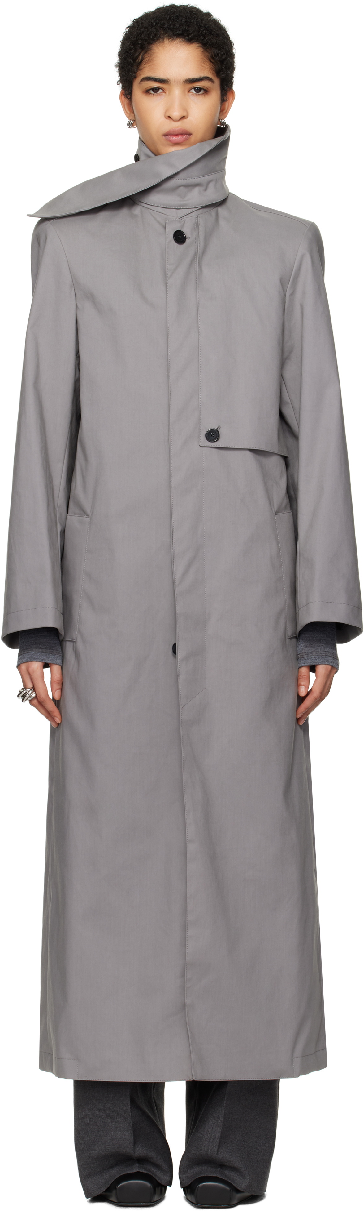 ALAINPAUL Gray Scarf Collar Trench Coat