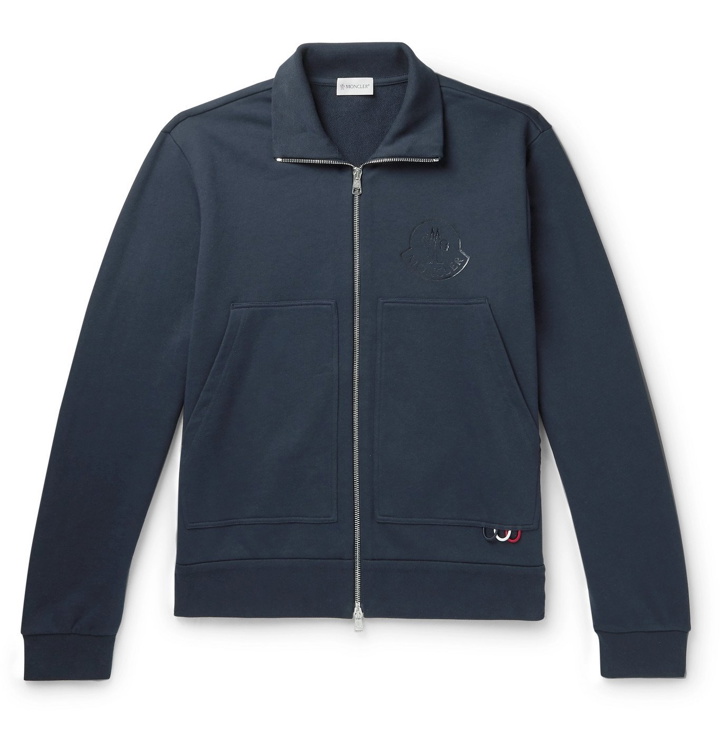 Photo: Moncler - Logo-Print Loopback Cotton-Jersey Zip-Up Sweatshirt - Blue