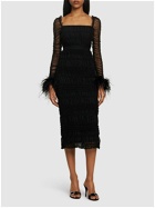 SELF-PORTRAIT Swiss Dot Tulle Midi Dress with Feathers