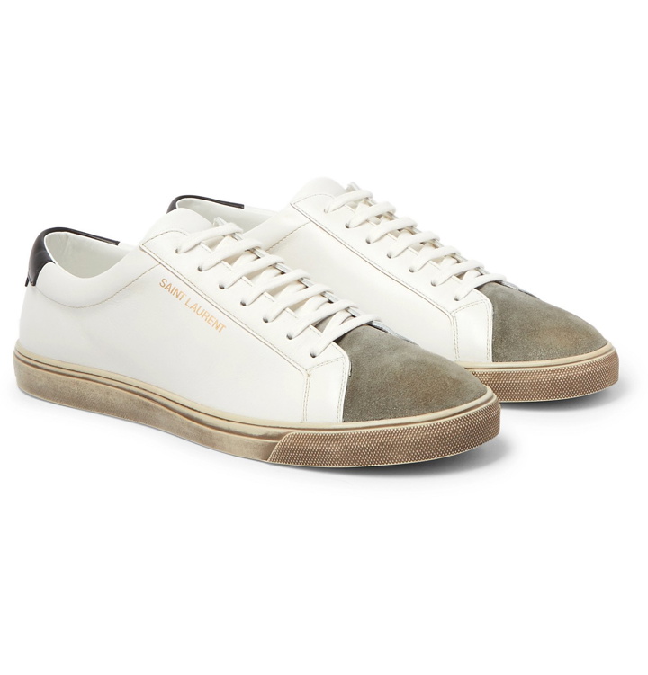 Photo: SAINT LAURENT - Andy Distressed Suede-Trimmed Leather Sneakers - White