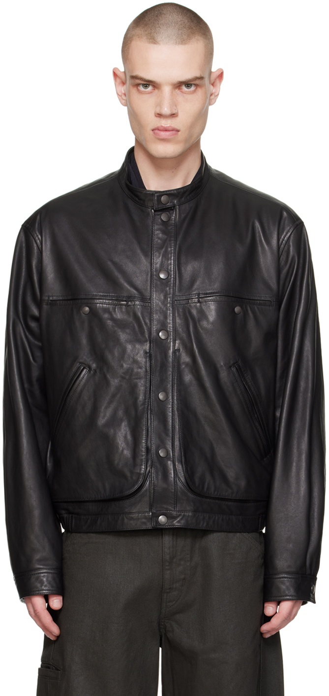 Photo: LEMAIRE Black Stand Collar Leather Jacket