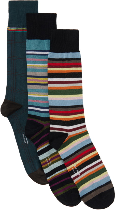 Photo: Paul Smith Three-Pack Multicolor Mixed Stripe & Check Socks