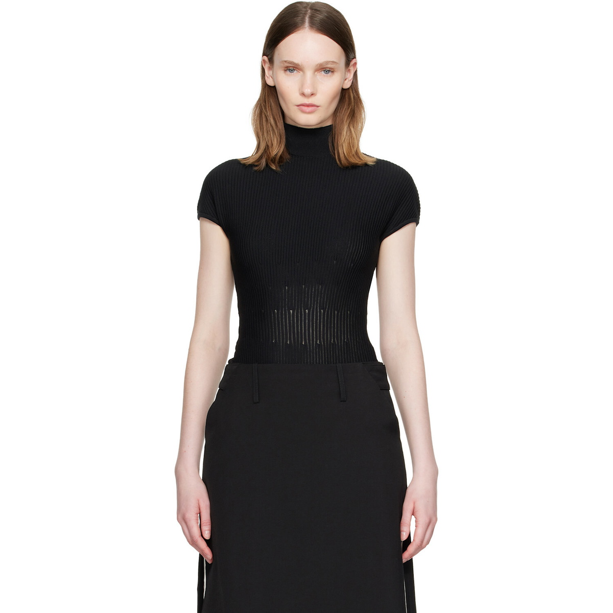 BALMAIN Black High Collar Knit Bodysuit