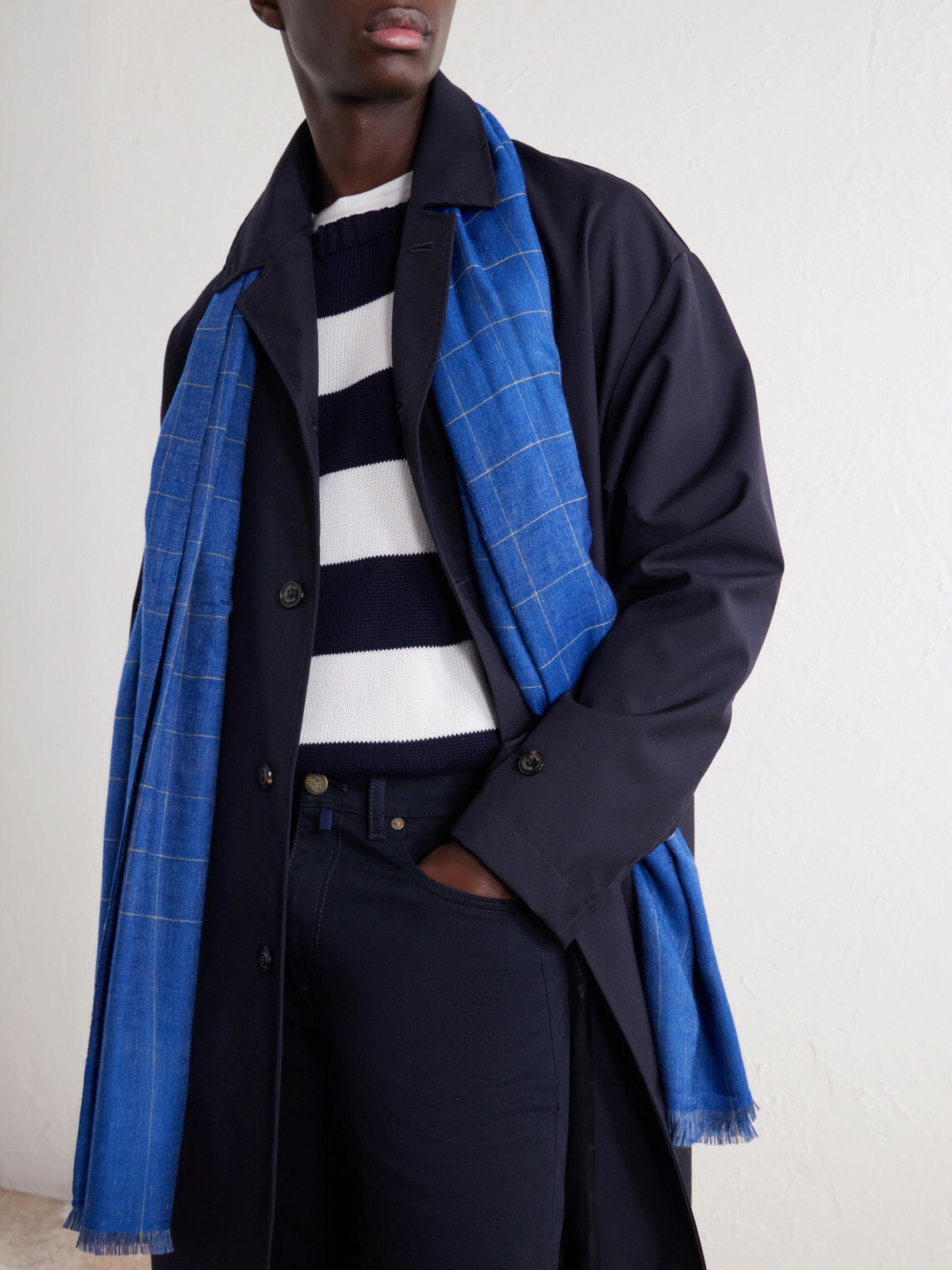 Anderson & Sheppard - Frayed Checked Cashmere-Twill Scarf - Blue