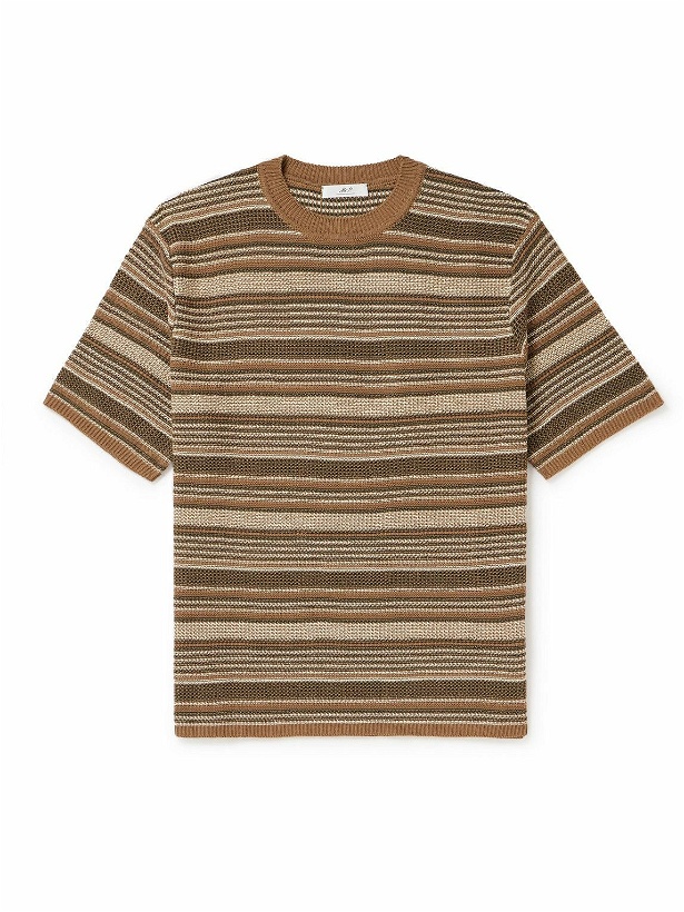 Photo: Mr P. - Striped Crochet-Knit Cotton T-Shirt - Brown