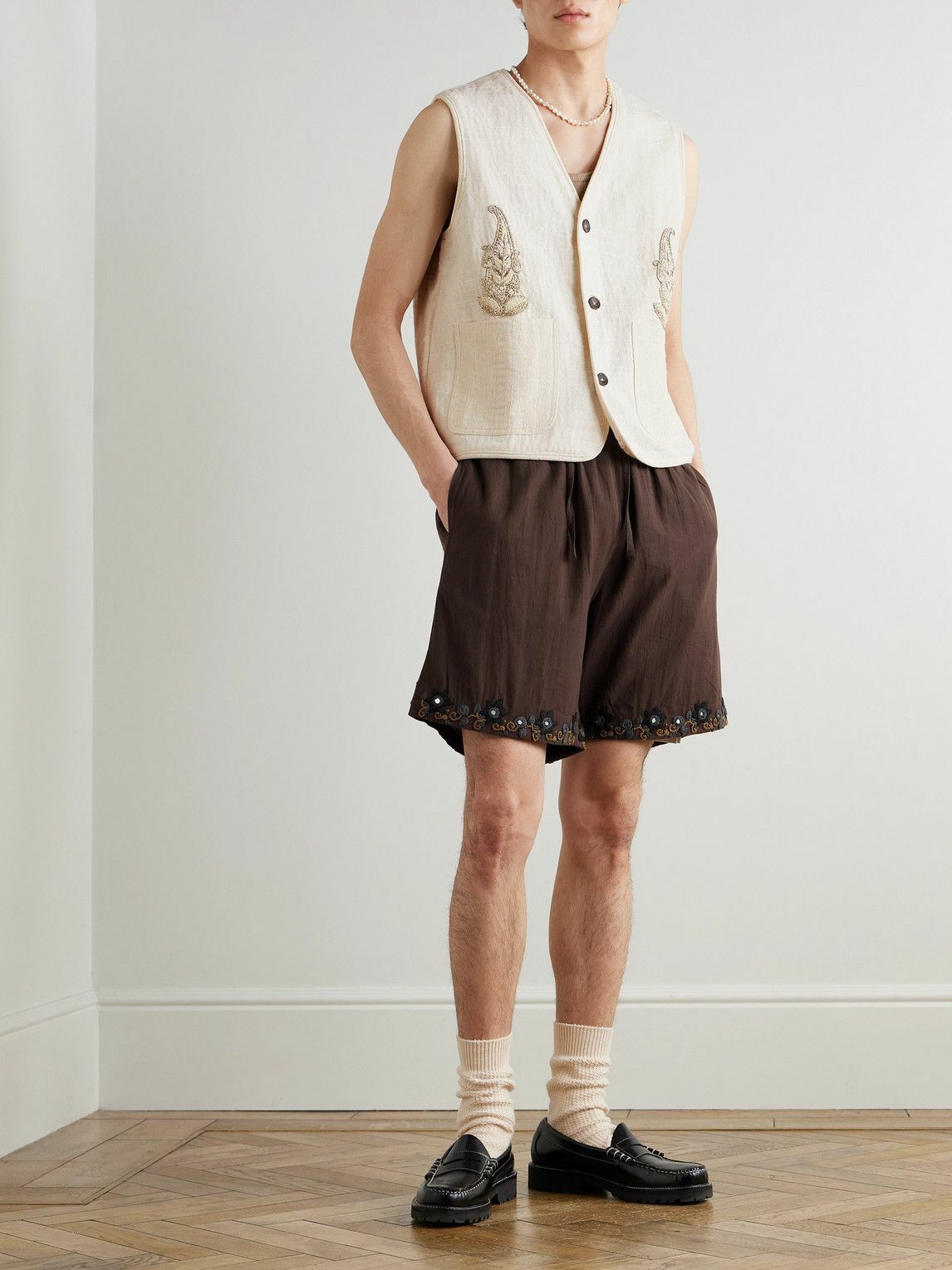 Kartik Research - Embellished Embroidered Cotton Shorts - Brown