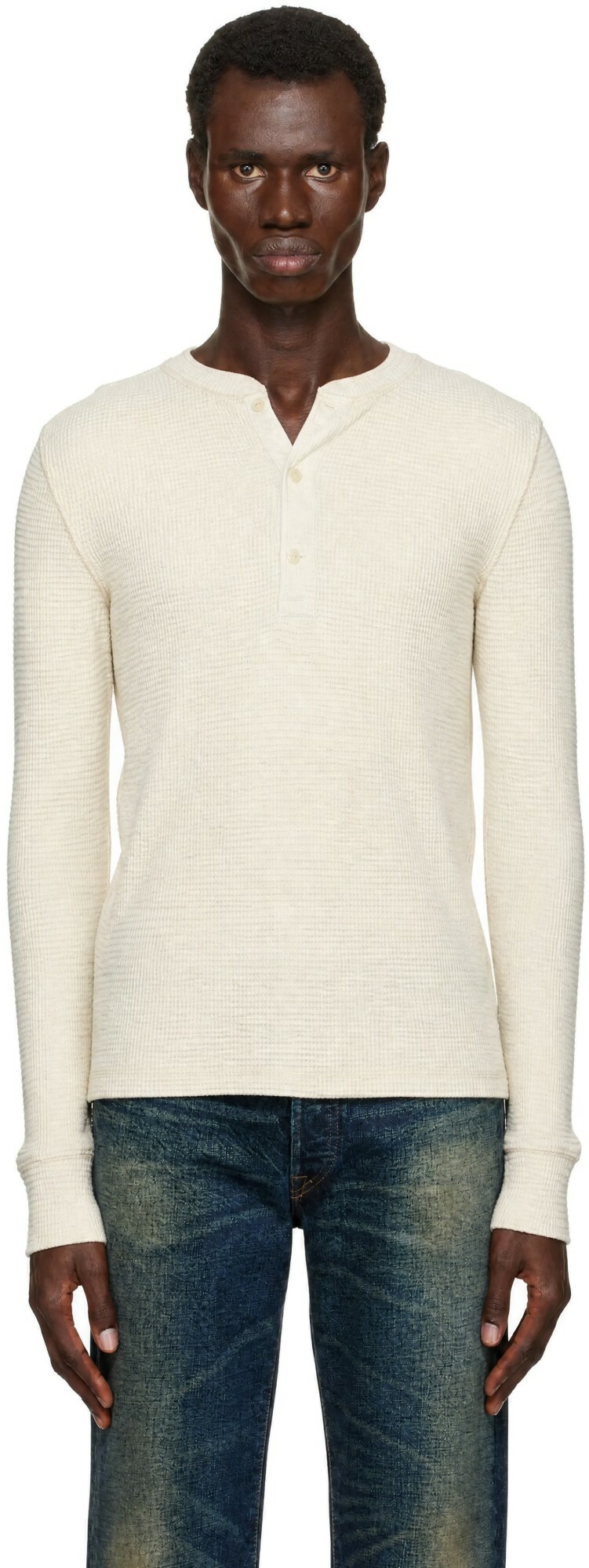 RRL White Waffle-Knit Henley