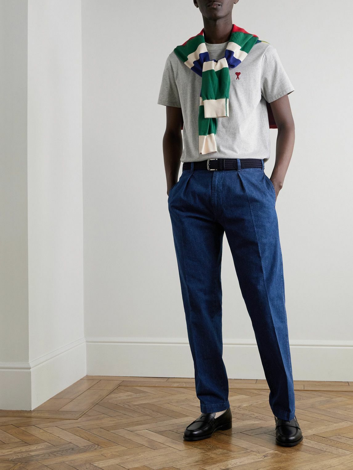 Drake's - Mk. I Games Straight-Leg Pleated Indigo-Dyed Cotton and Linen-Blend Trousers - Blue