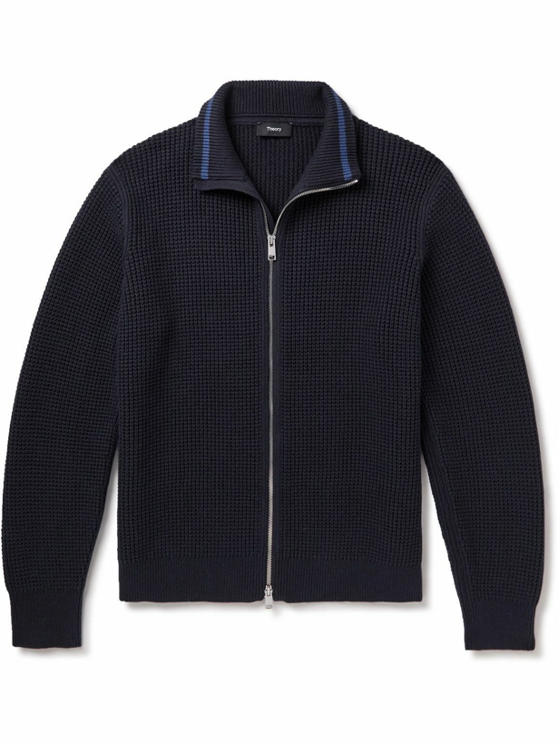 Photo: Theory - Gary Waffle-Knit Cotton and Cashmere-Blend Zip-Up Cardigan - Blue