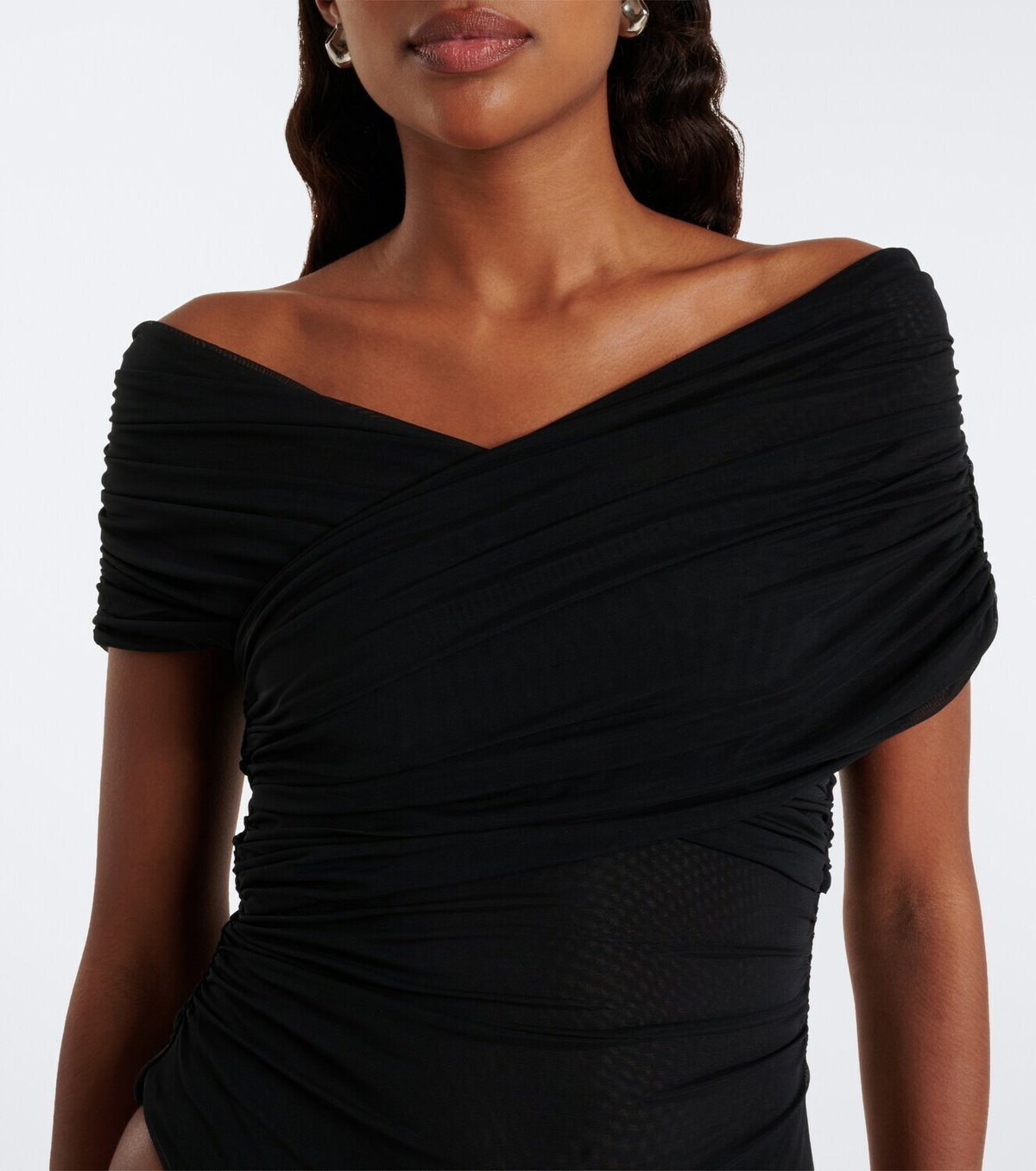 SIR Off-shoulder ruched mesh bodysuit
