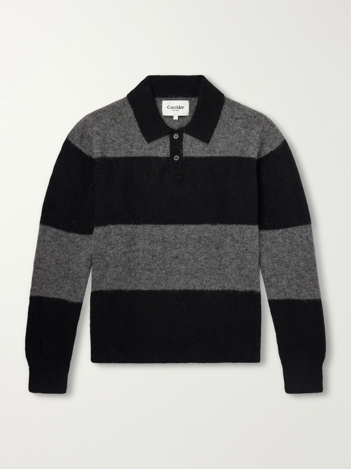 Corridor - Striped Woven Brushed Alpaca-Blend Polo Sweater - Black