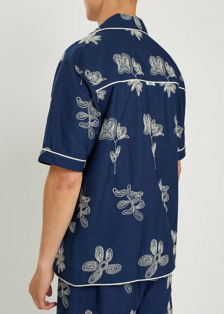 Che Floral-embroidered Cotton-poplin Shirt Navy