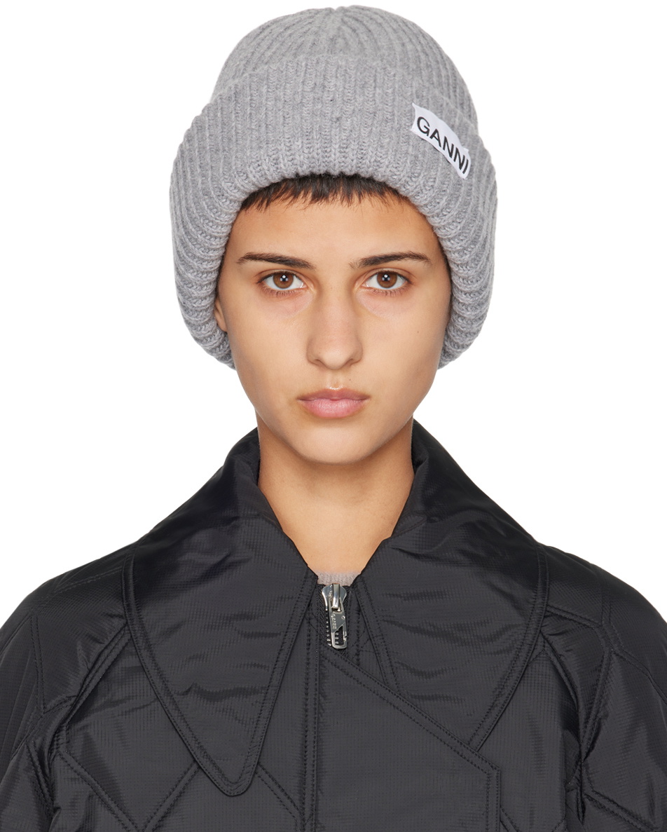 GANNI Gray Loose Wool Rib Knit Beanie GANNI