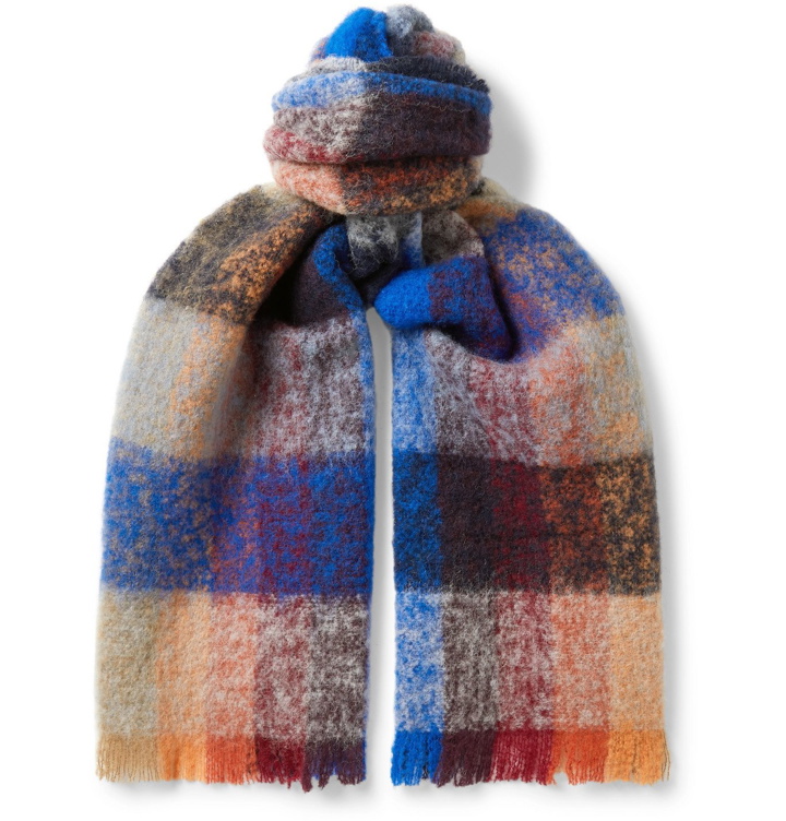 Photo: Séfr - Fringed Checked Wool-Blend Scarf - Blue