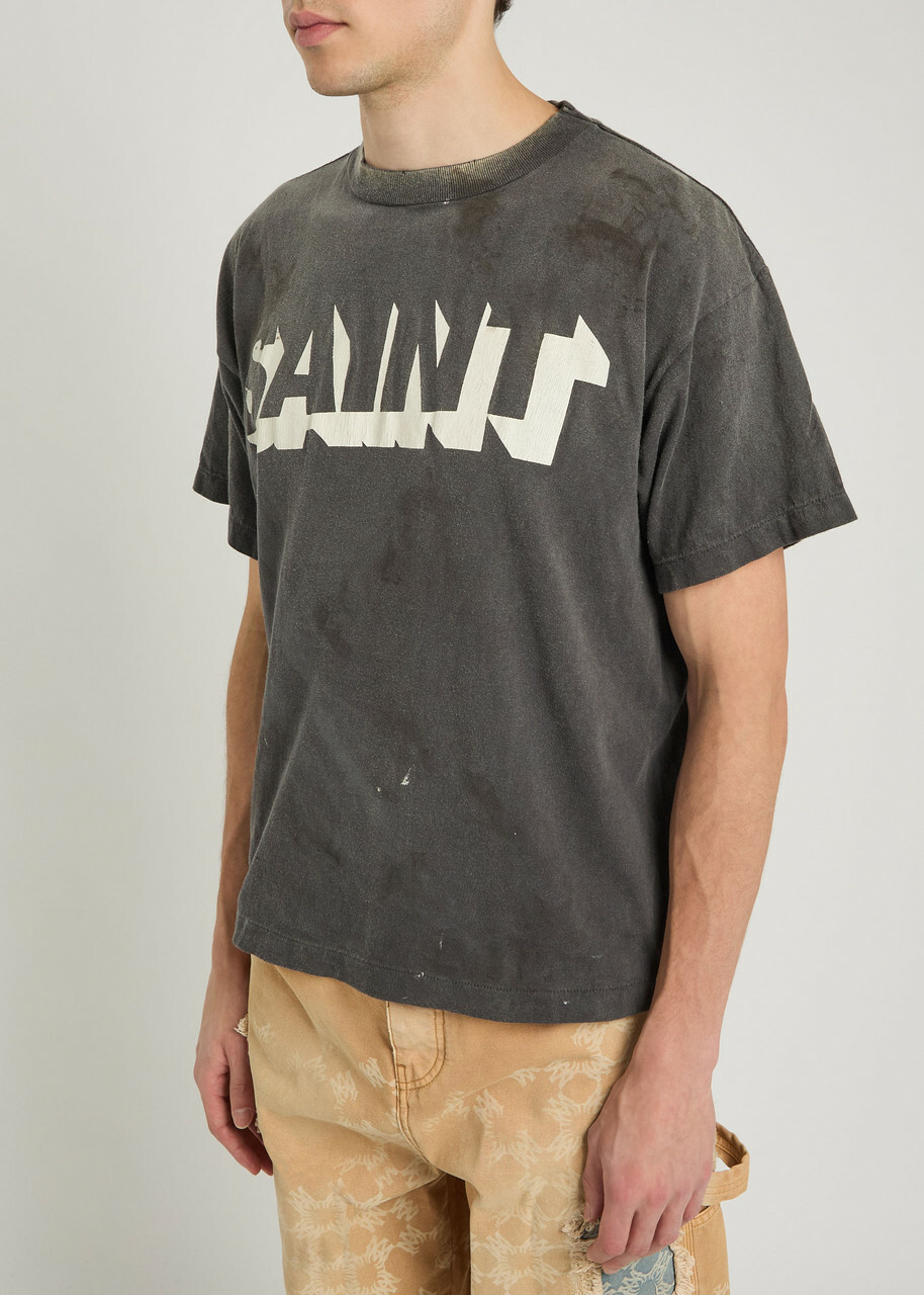 Saint Mxxxxxx Alpha Logo-print Distressed Cotton T-shirt Black