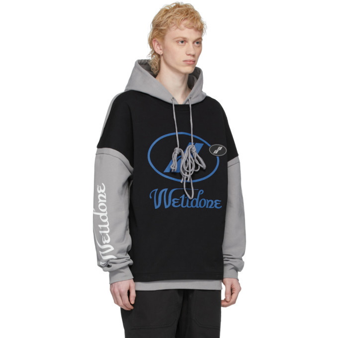 We11done Black and Grey Remake Logo Hoodie We11done