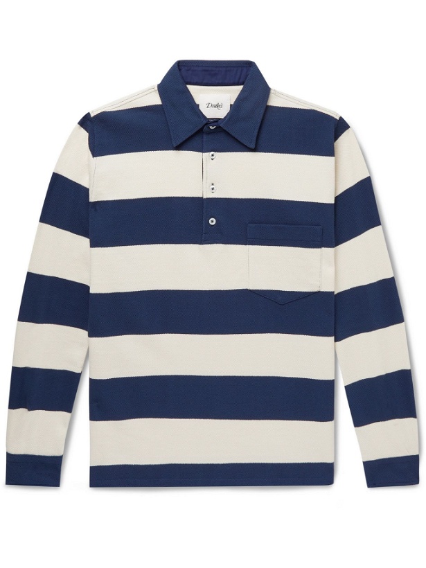 Photo: DRAKE'S - Striped Cotton-Piqué Polo Shirt - Blue