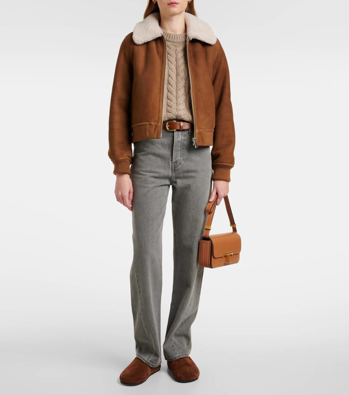 Yves Salomon Shearling-trimmed suede bomber jacket