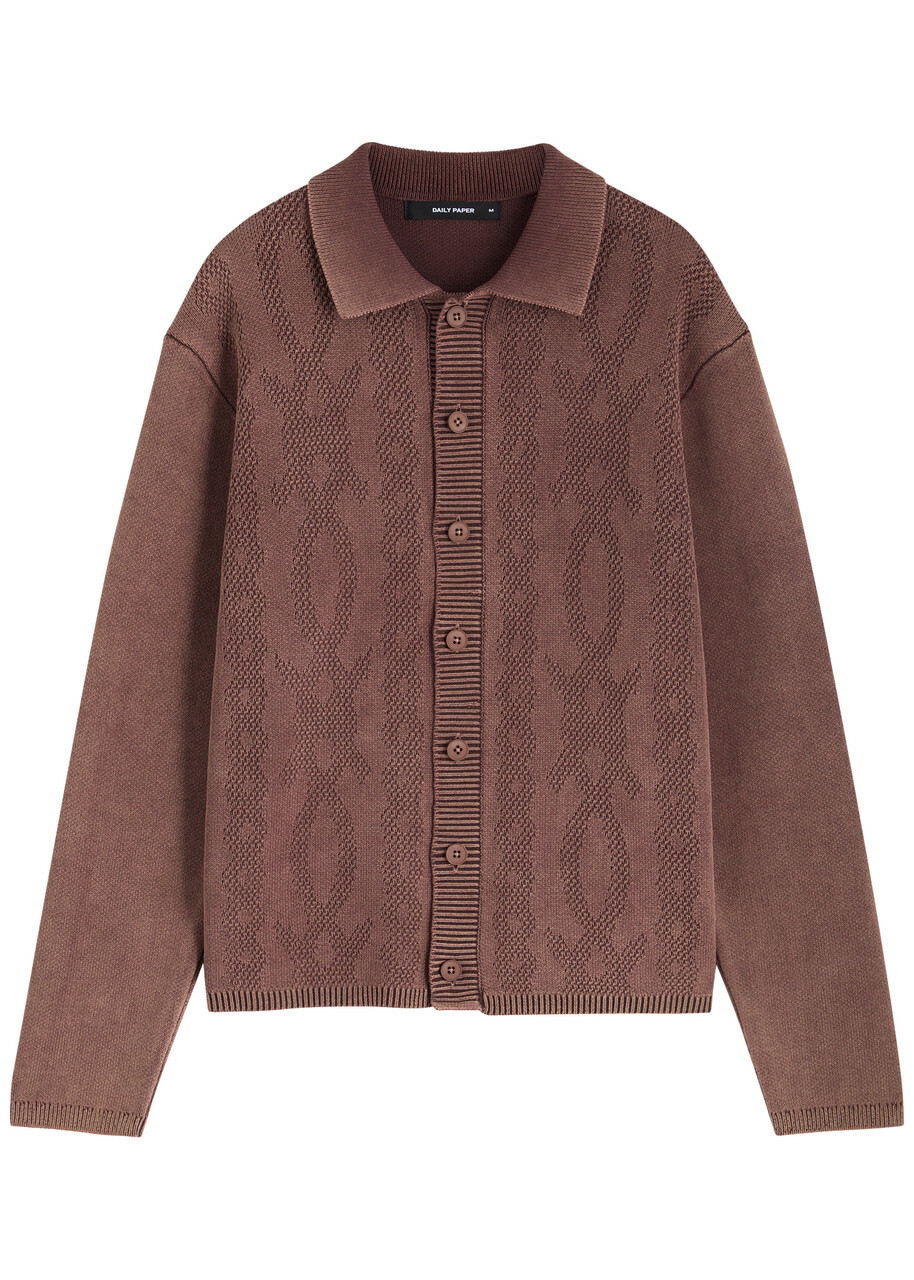 Daily Paper Patterned Intarsia Ribbed Cotton Cardigan Brown
