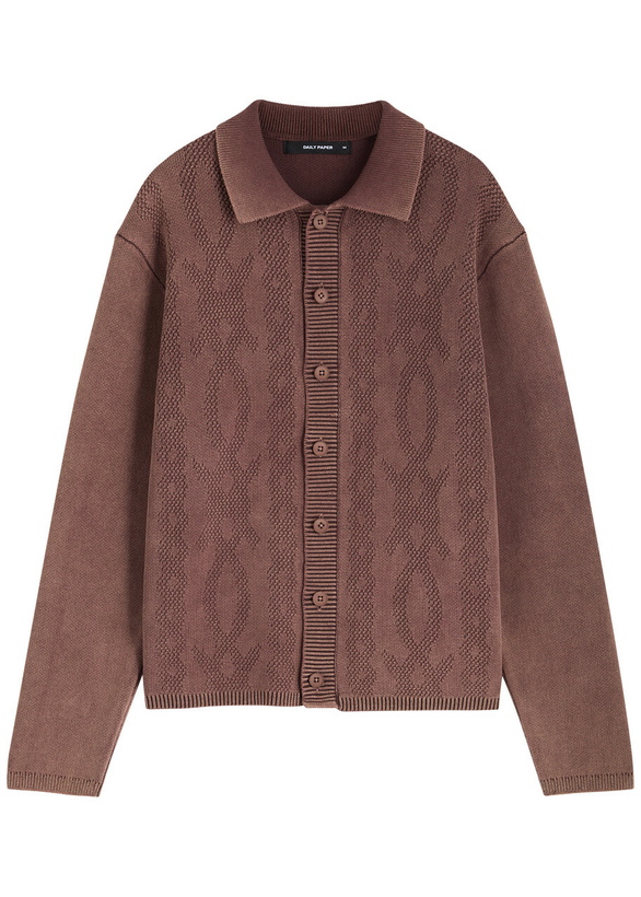 Photo: Daily Paper Patterned Intarsia Ribbed Cotton Cardigan Brown