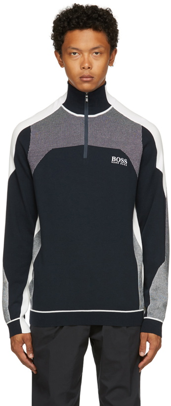 Photo: Boss Navy & White Zordi Half-Zip Sweater