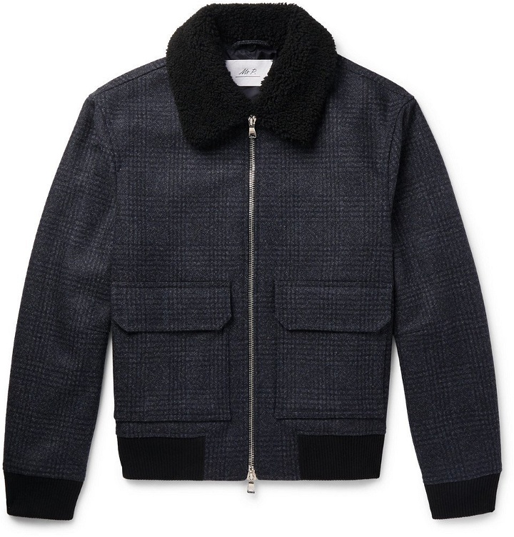 Photo: Mr P. - Shearling-Trimmed Checked Wool-Blend Aviator Jacket - Men - Navy