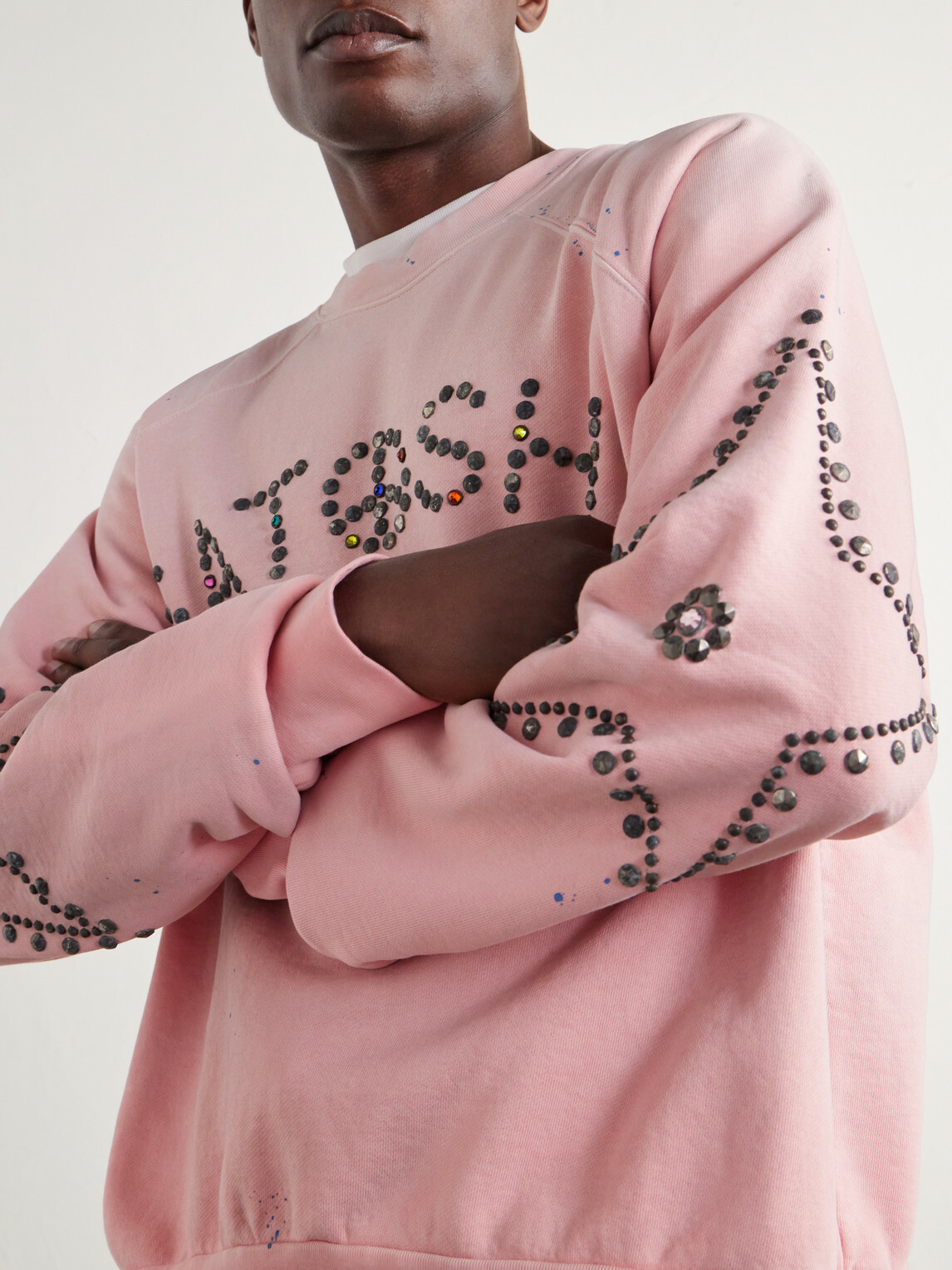 Satoshi Nakamoto - Distressed Studded Cotton-Jersey Sweatshirt - Pink
