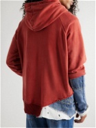 Greg Lauren - Multi Fragment Distressed Patchwork Denim, Waffle-Knit and Cotton-Jersey Hoodie - Red