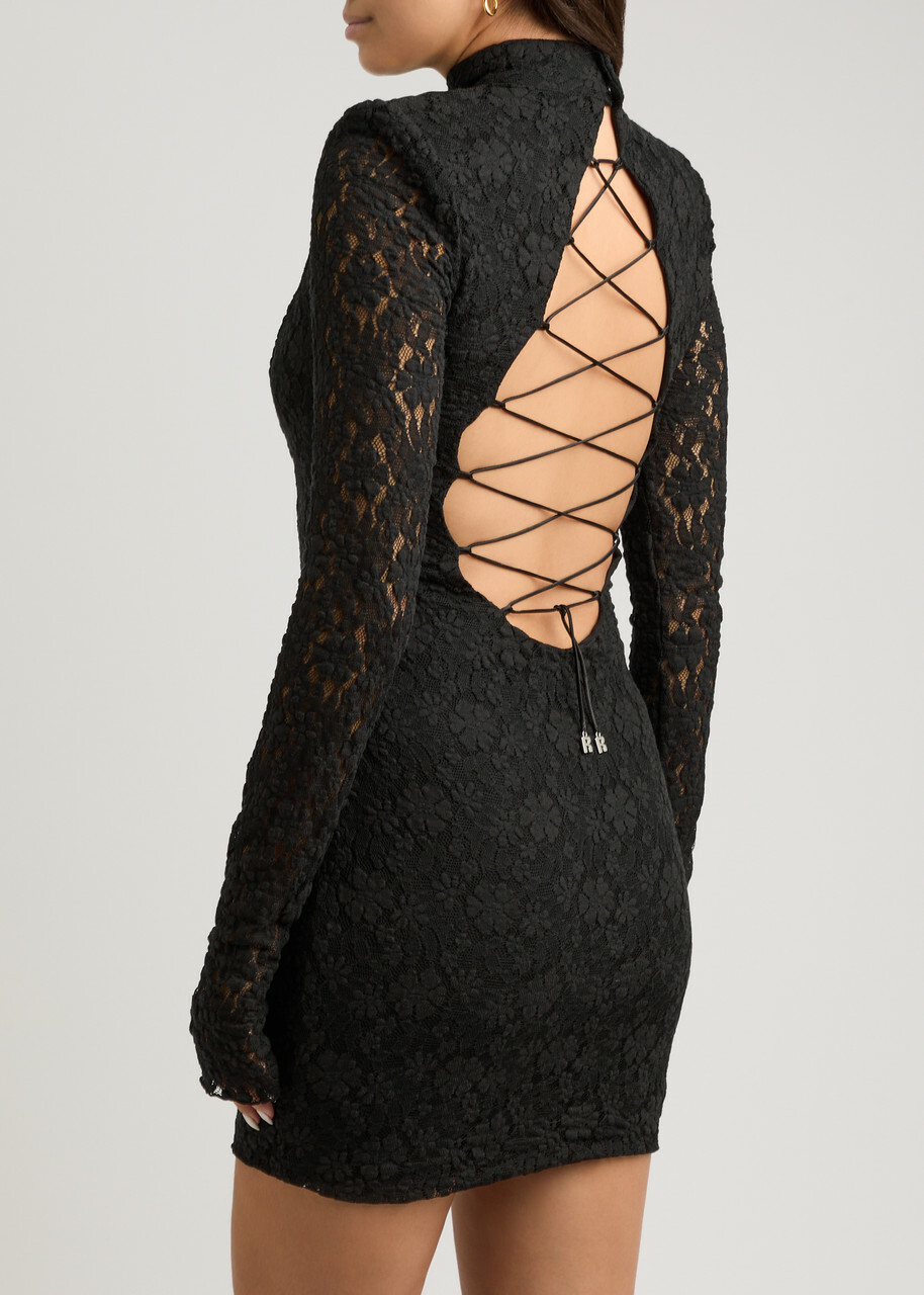 Rotate Sunday Lace-up Lace Mini Dress Black