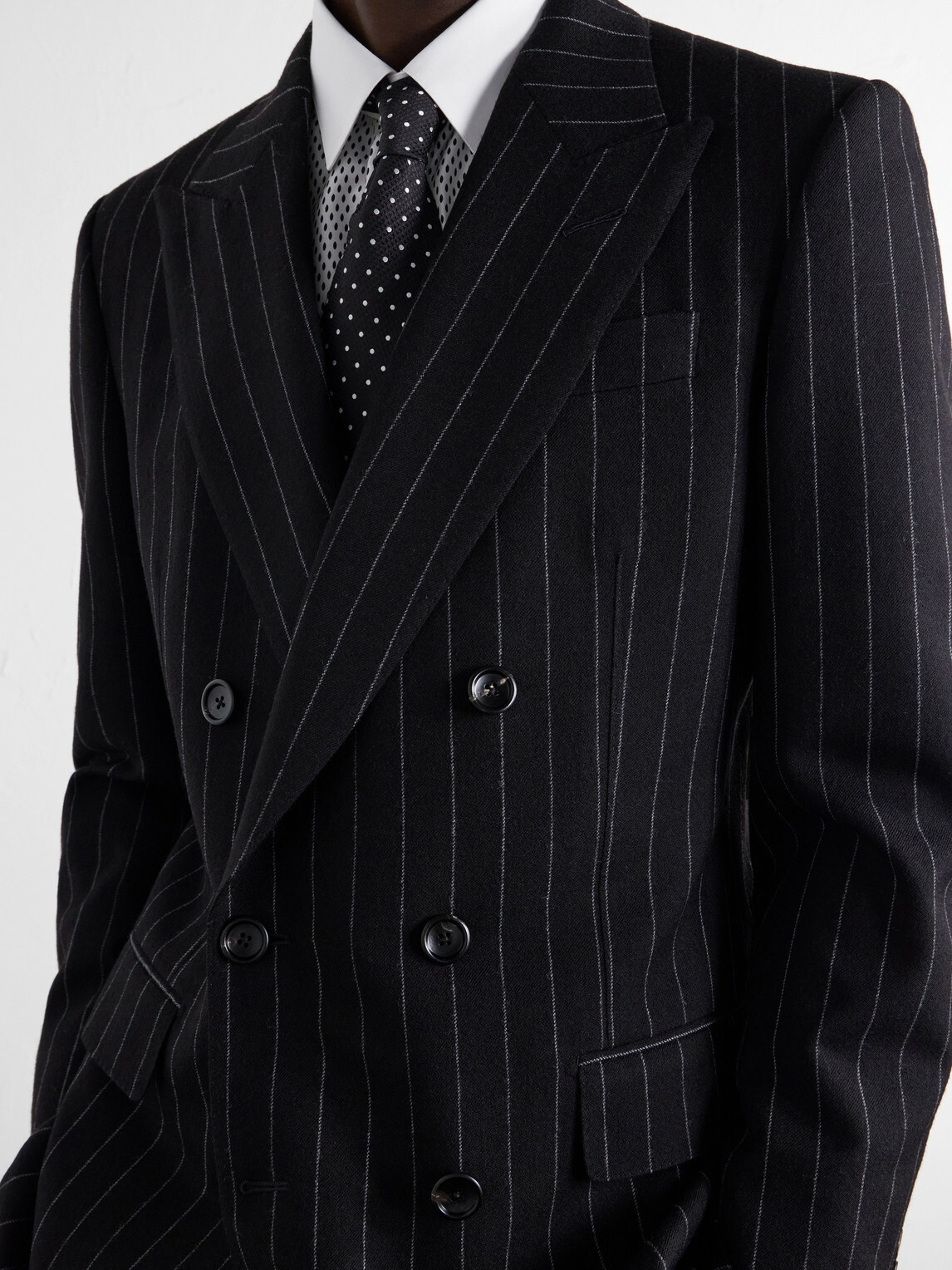 TOM FORD - Double-Breasted Pinstriped Wool-Twill Suit Jacket - Black