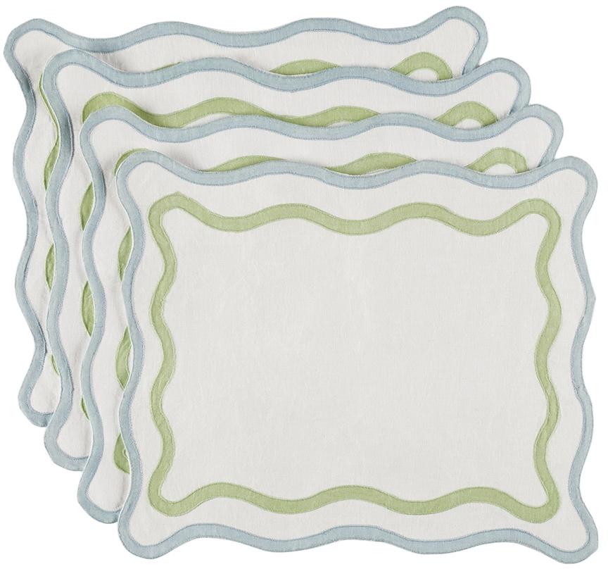 Misette Blue & Green Grid Embroidered Linen Placemat Set