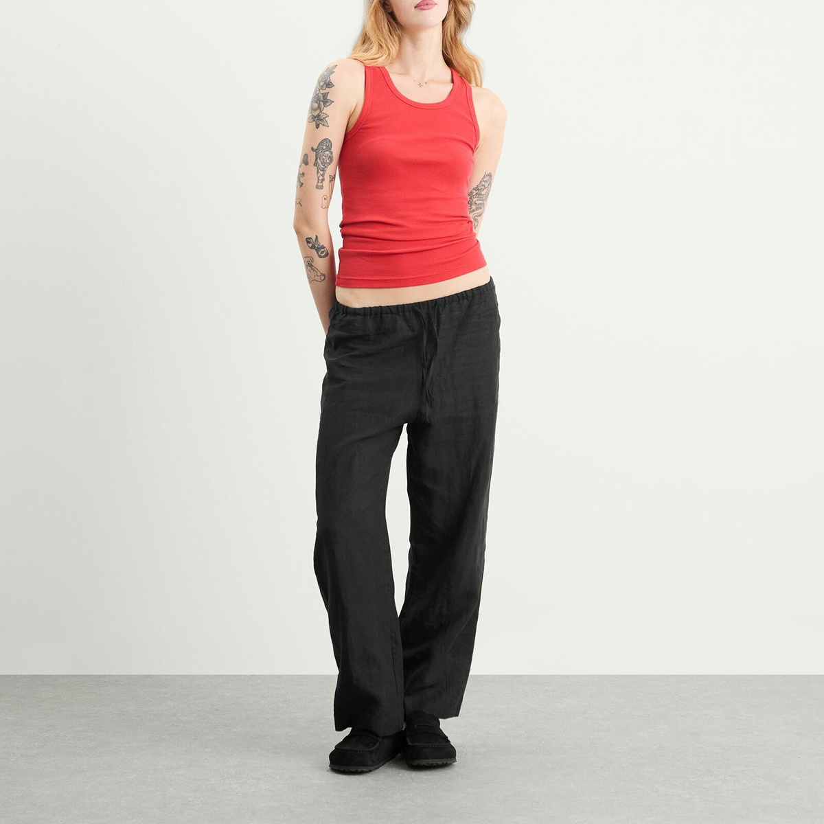 Deiji Studios Women's Double Waist Linen Pants in Black