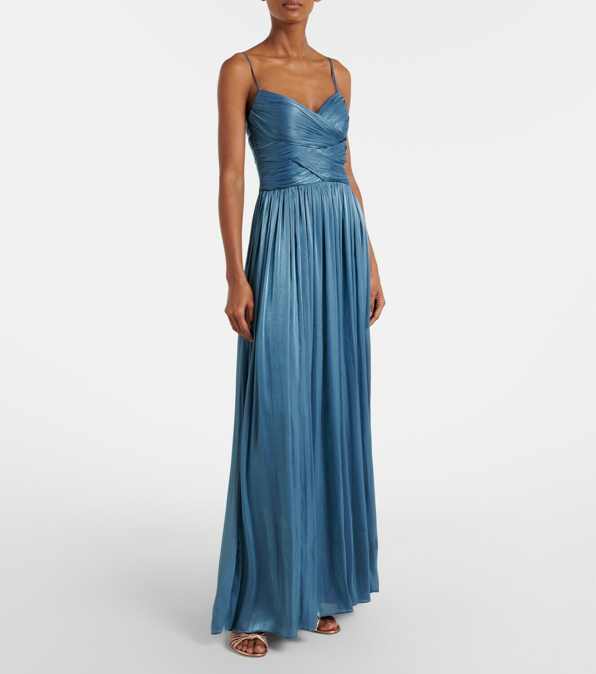 Costarellos Embellished pleated caped bustier gown