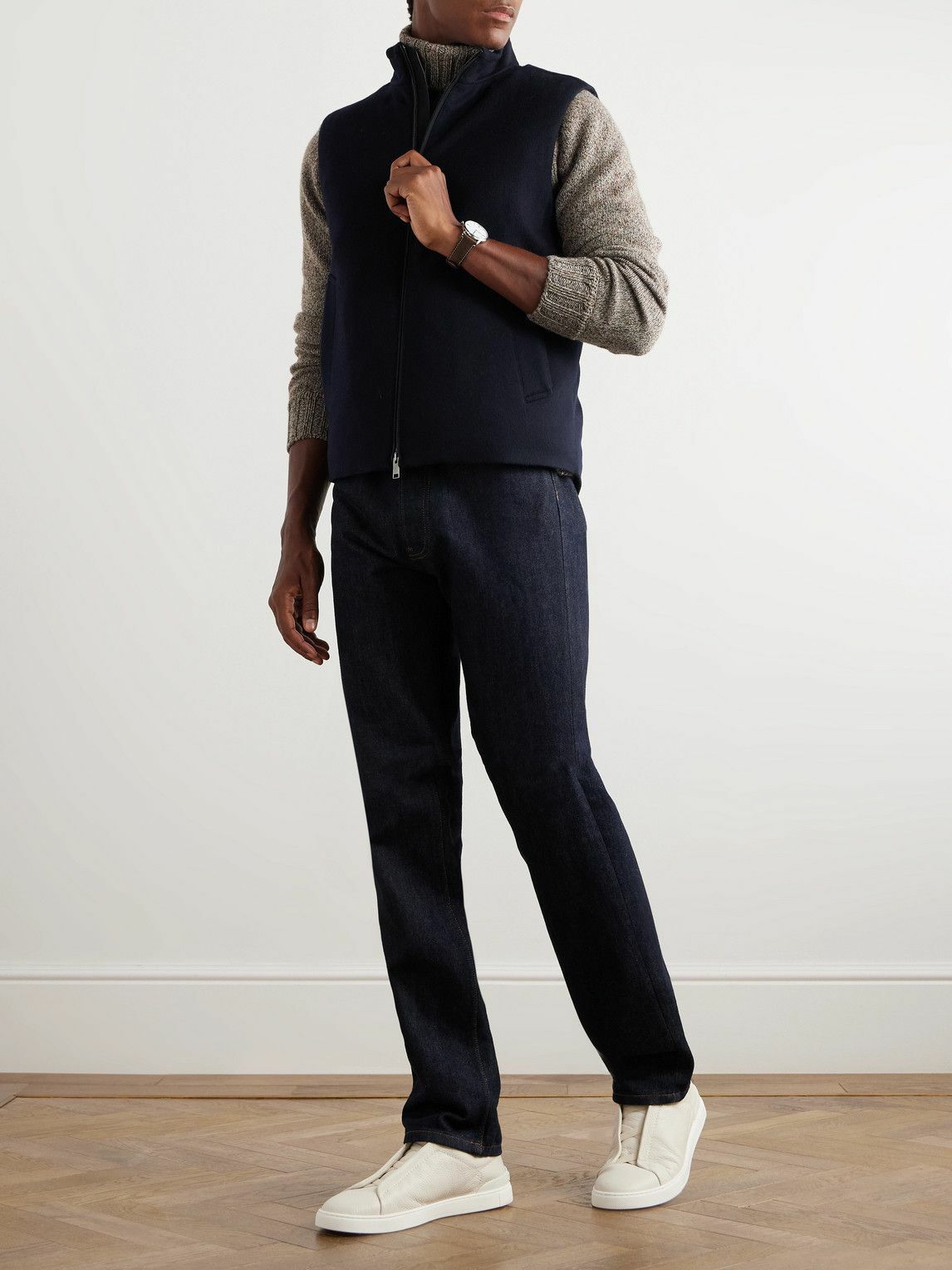 Zegna - Slim-Fit Leather-Trimmed Oasi Cashmere Down Gilet - Blue