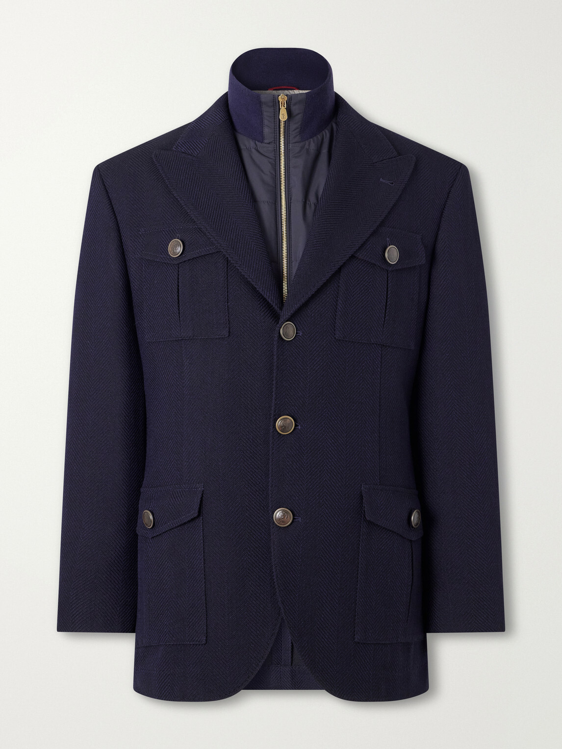 Brunello Cucinelli - Herringbone Wool and Cotton-Blend Twill Jacket with Detachable Shell Liner - Blue