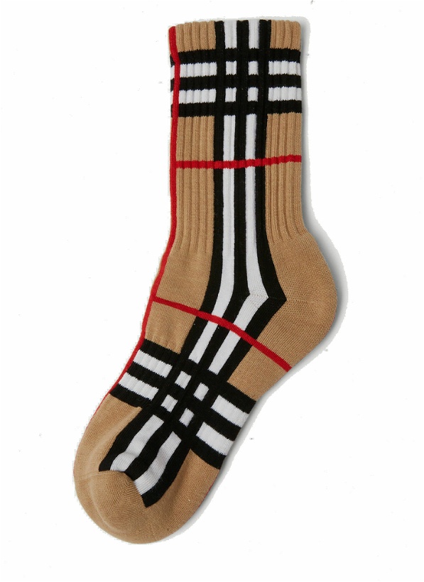 Photo: Check Intarsia Technical Stretch Cotton Socks in Beige