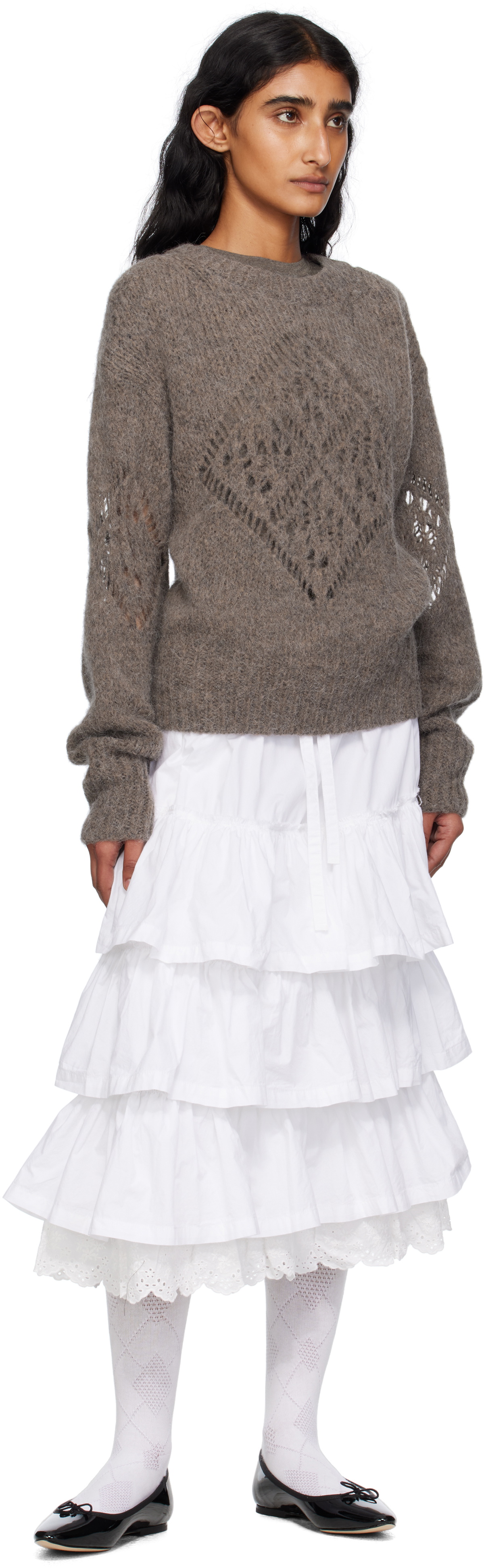 OPEN YY Taupe Alpaca Argyle Pointelle Sweater