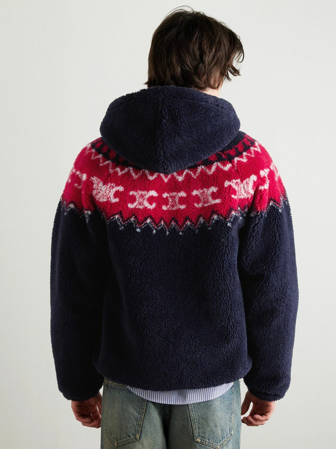CELINE - Fair Isle Fleece Zip-Up Hoodie - Blue