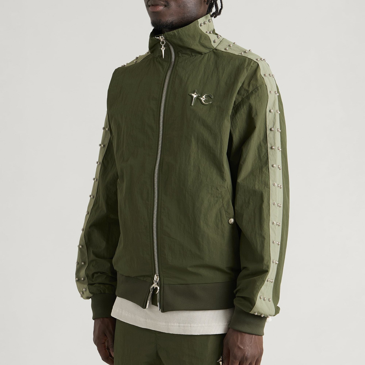 Thug Club Men's Triple Line Stud Track Jacket in Khaki