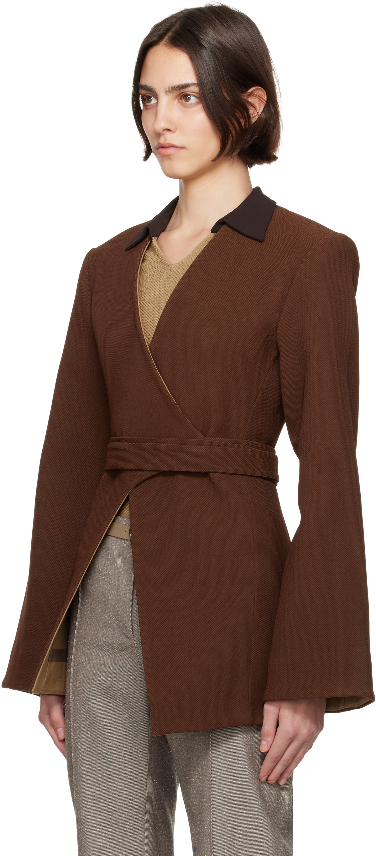 Tory Burch Brown Asymmetrical Pique Wrap Blazer