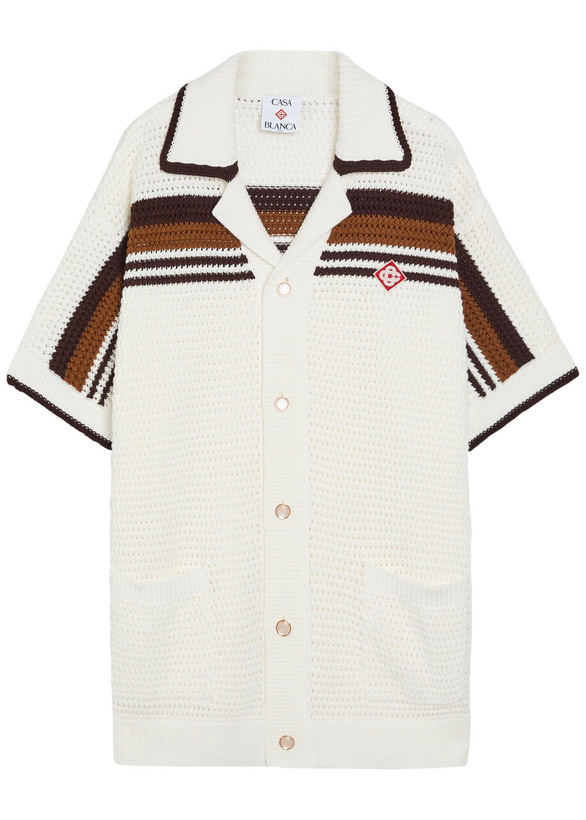 Photo: Casablanca Logo-appliquéd Striped Crochet Cotton-knit Shirt White