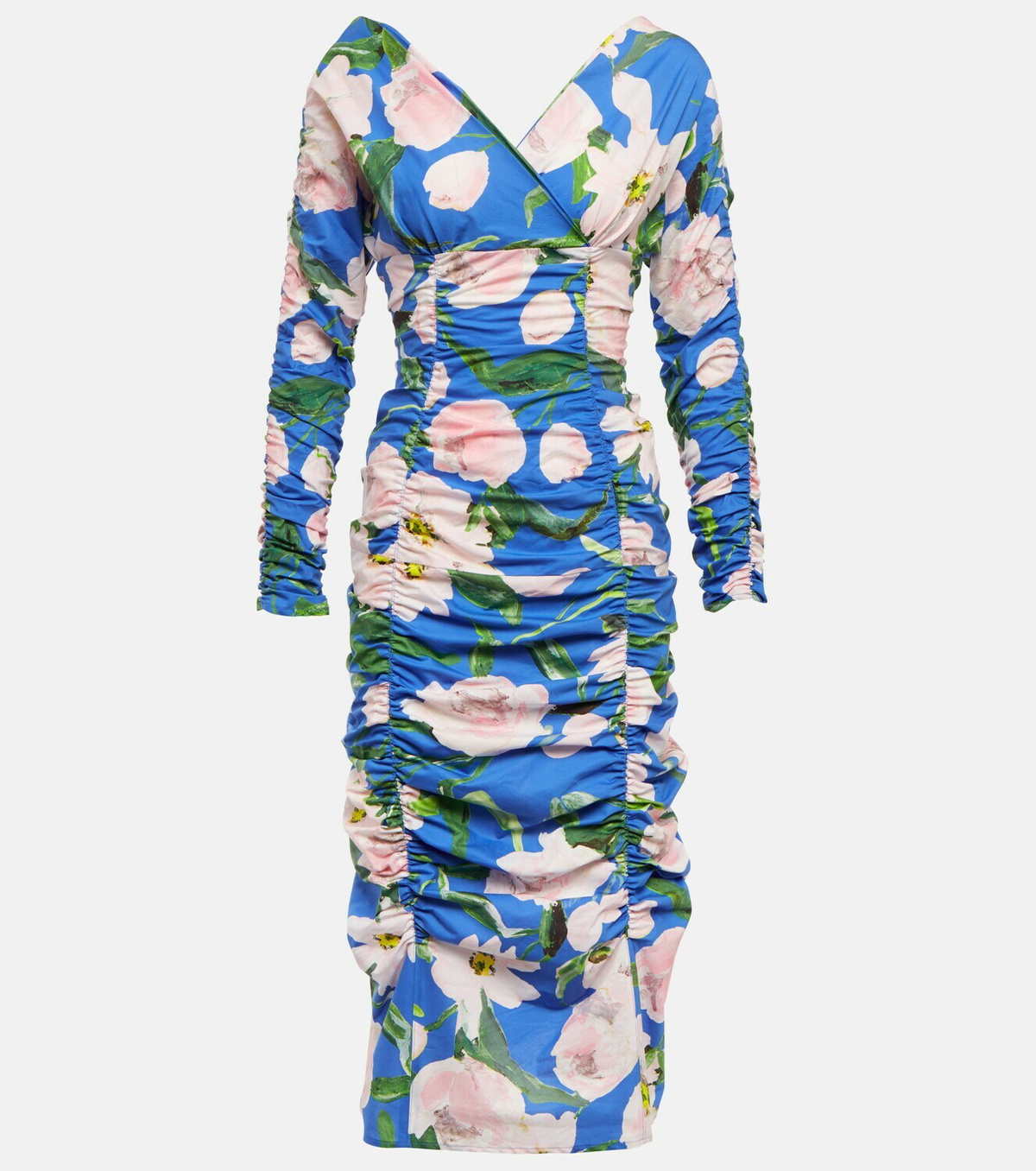 princess polly baby blue dress Floral ruched jersey midi dress in blue - Carolina Herrera