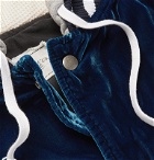 Greg Lauren - Distressed Embroidered Velvet, Satin and Jersey Hooded Bomber Jacket - Blue