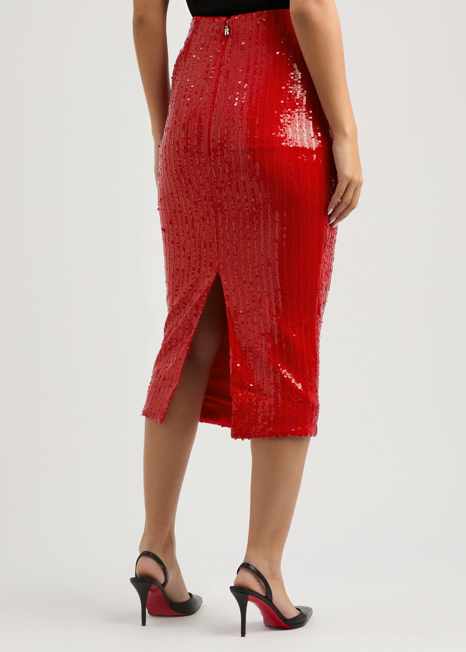 Rotate Sunday Sequin-embellished Tulle Midi Skirt Red